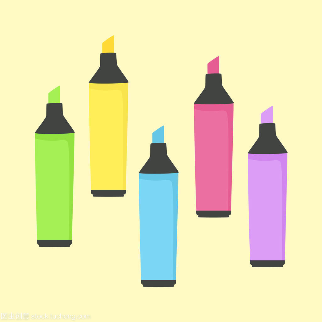 彩色荧光笔标记文具学校办公用品矢量