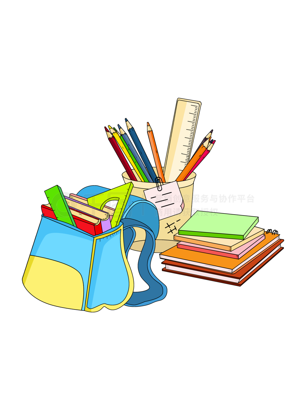 开学季卡通插画孟菲斯办公学习学生文具用品
