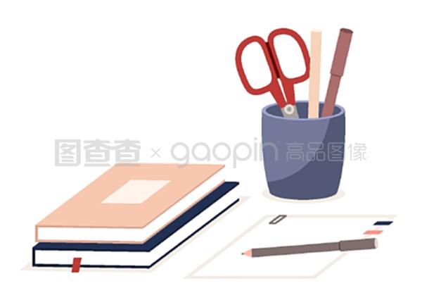 笔架、书籍、纸制办公设备。剪刀、垂直塑料箱中的铅笔。办公和家庭用品文具和教育。矢量插图平铺式白色背景。笔架、书籍、纸制办公设备。剪刀、钢笔或铅笔在白色垂直塑料箱中